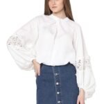 VM Tie-Up Neck Puff Sleeves Gathered Lace Detail Top