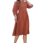 Women's Rust Orange Pure Cotton Solid Fit & Flare Dress