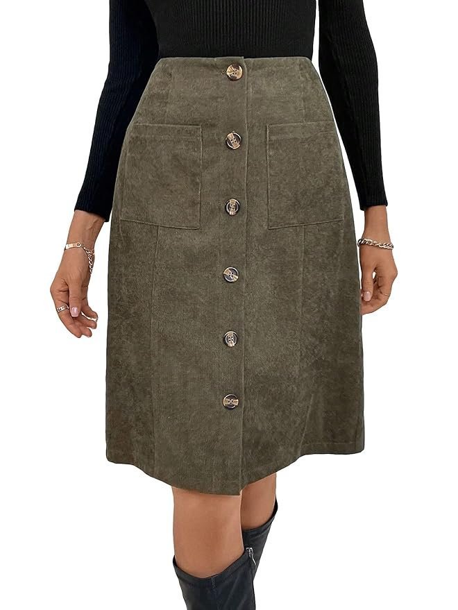 Women's High Waist Button Front Corduroy Midi Skirt Casual Skirts - Image 3