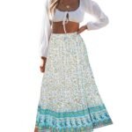 Women's 2023 Bohemian Floral Printed Elastic Waist A Line Maxi Skirt with Pockets, Lake Blue, Small
