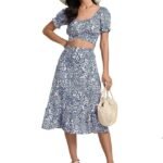 Women's 2 Piece Outfits Floral Self Tie Knot Crop Top and Midi Skirt Set, 2#blue, Small