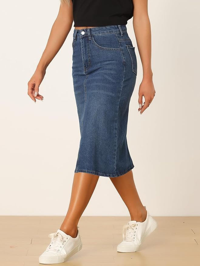 Casual Denim Skirt for Women's High Waist Split Back Pockets Midi Jean Skirts - Image 3
