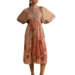 Kumar Rust Micro Print Embroidered Dress