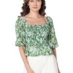 VM Floral Printed Puff Sleeve Cinched Waist Crop Top