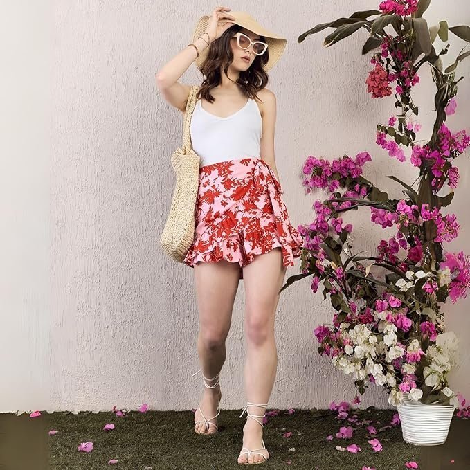 Women Floral Printed High-Rise Waist Tie-Up Ruffled Wrap Mini Skirts - Image 3