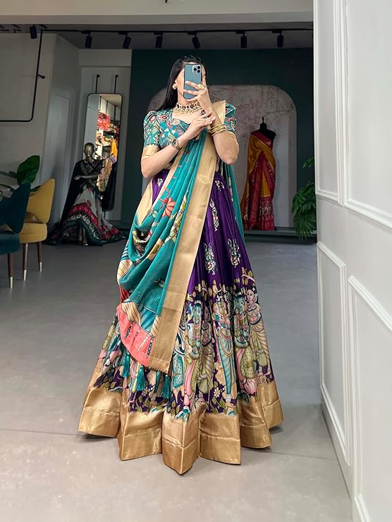 Book Art Women's Dola Silk With Kalamkari Print Lehnega Choli Set - Image 3