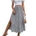 Rocks Women's Casual High Waist Floral Print Skirt Split Thigh A Line Maxi Skirts